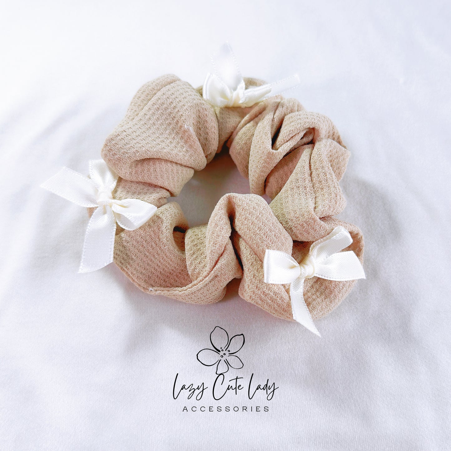 Chic Milk Tea Fabric Hair Scrunchie with Ribbon Bows