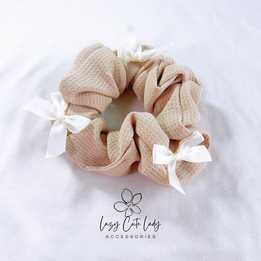 Chic Milk Tea Fabric Hair Scrunchie with Ribbon Bows