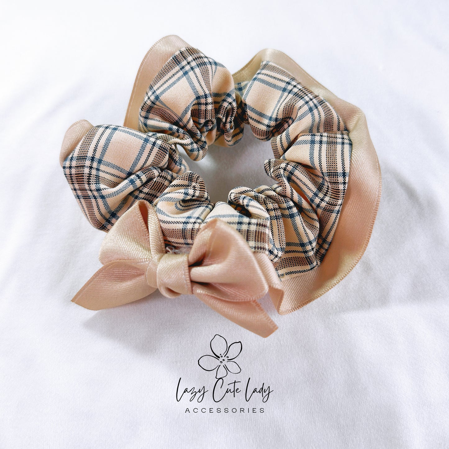Sophisticated Milk Tea Fabric Hair Scrunchie with Ribbon Bow and Satin Edge