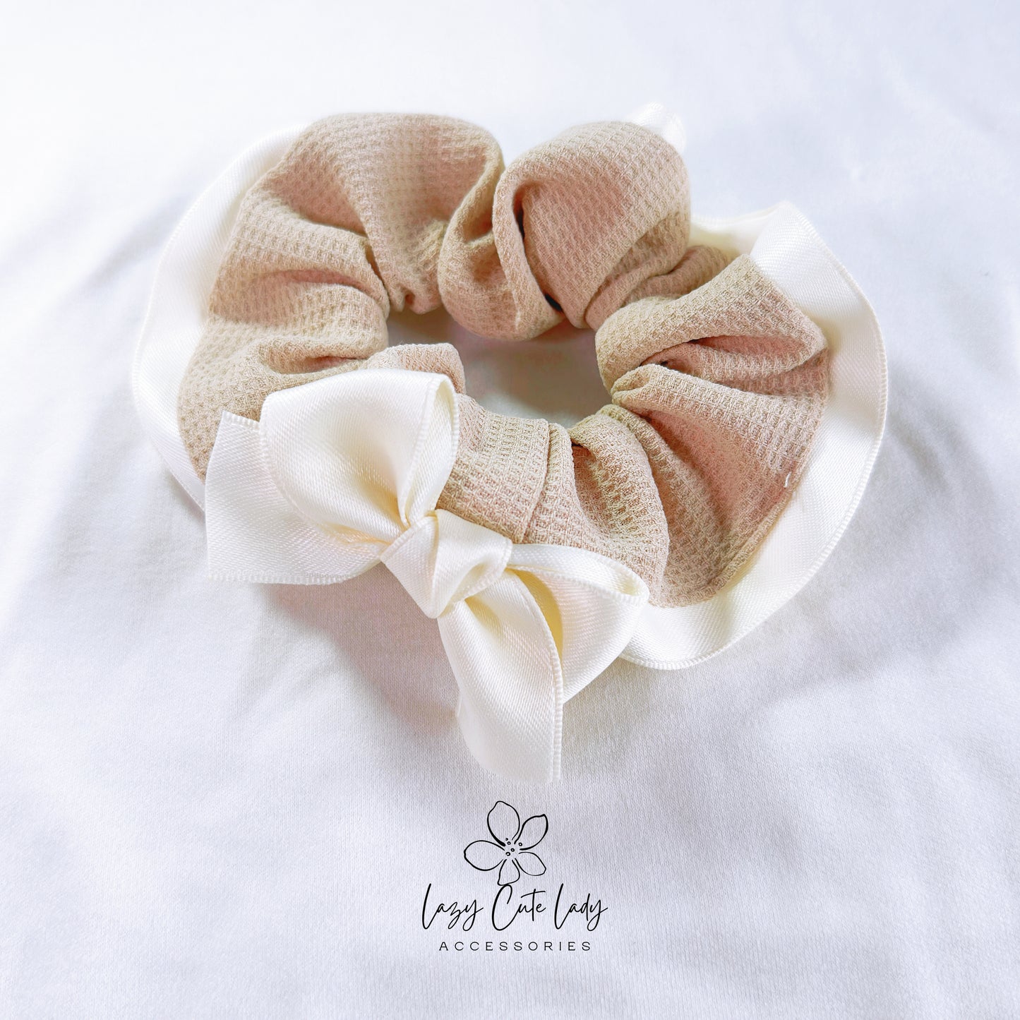 Sophisticated Milk Tea Fabric Hair Scrunchie with Ribbon Bow and Satin Edge