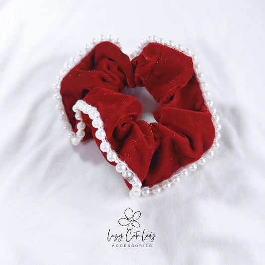Sparkling Velvet Red Hair Scrunchie with Gold Thread and Pearl Trim