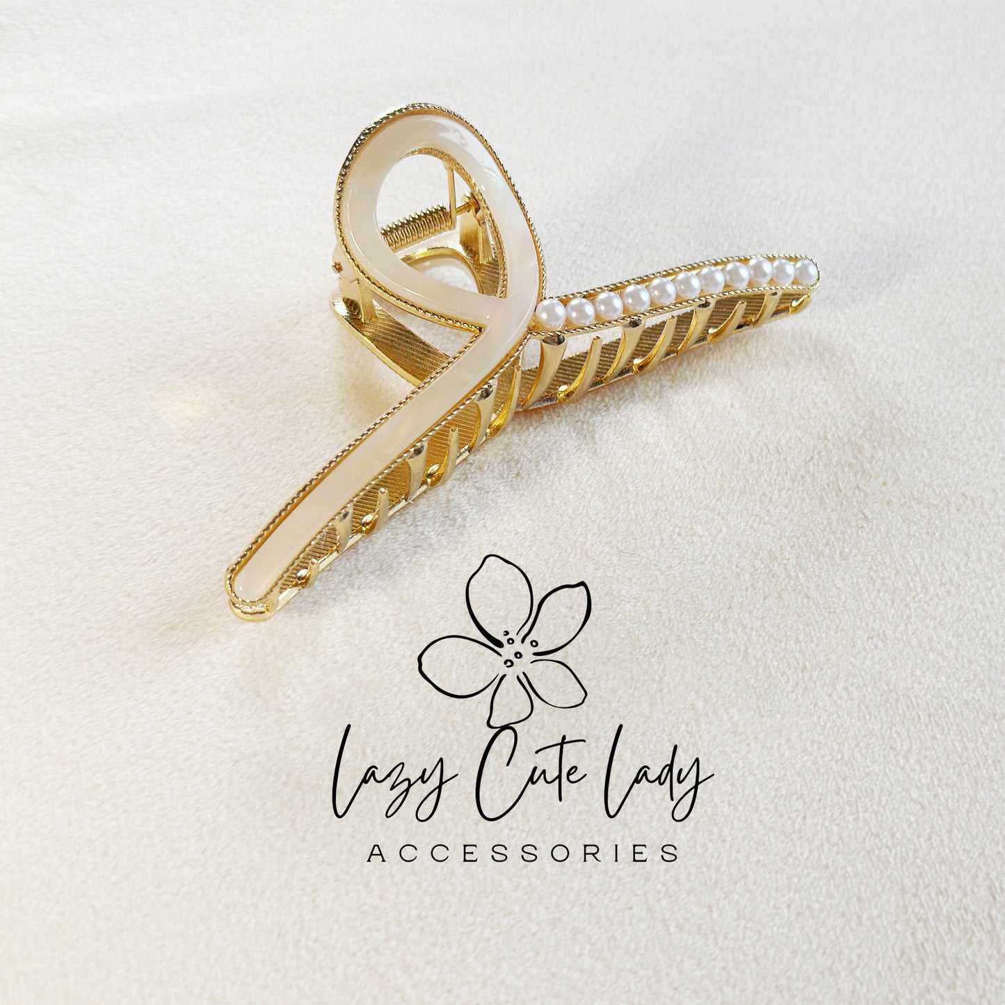 Elegant Pearl-Accent Crossed Ribbon Hair Claw – Eco-Friendly Acetate and Metal Design-pearl accents