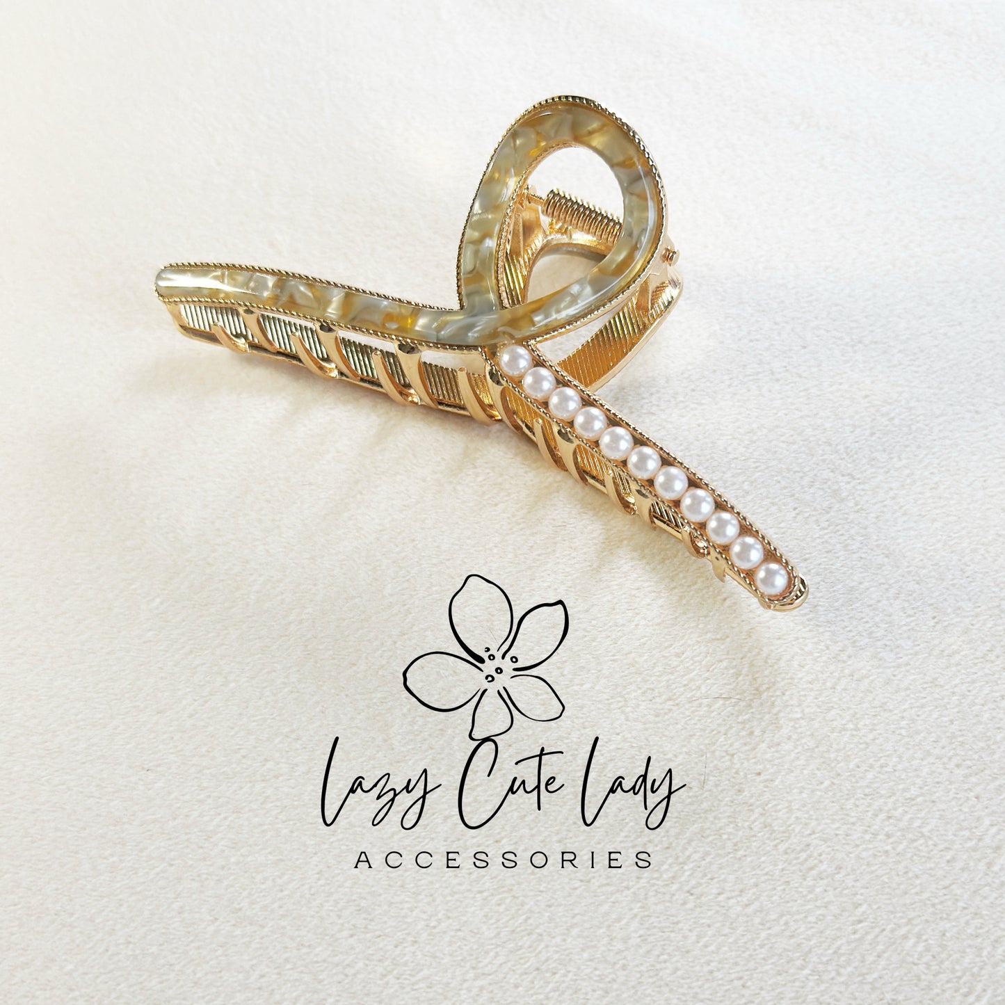 Elegant Pearl-Accent Crossed Ribbon Hair Claw – Eco-Friendly Acetate and Metal Design-pearl accents