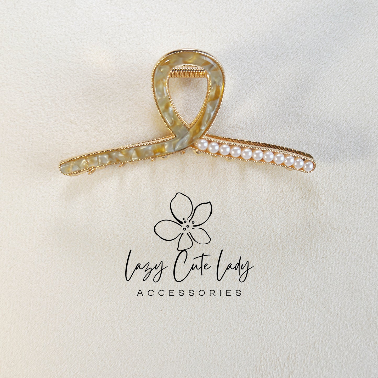 Elegant Pearl-Accent Crossed Ribbon Hair Claw – Eco-Friendly Acetate and Metal Design-pearl accents