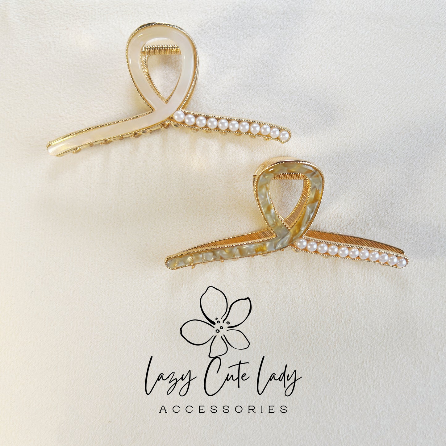 Elegant Pearl-Accent Crossed Ribbon Hair Claw – Eco-Friendly Acetate and Metal Design-pearl accents
