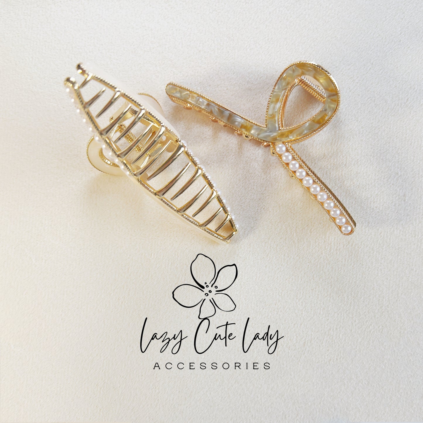 Elegant Pearl-Accent Crossed Ribbon Hair Claw – Eco-Friendly Acetate and Metal Design-pearl accents