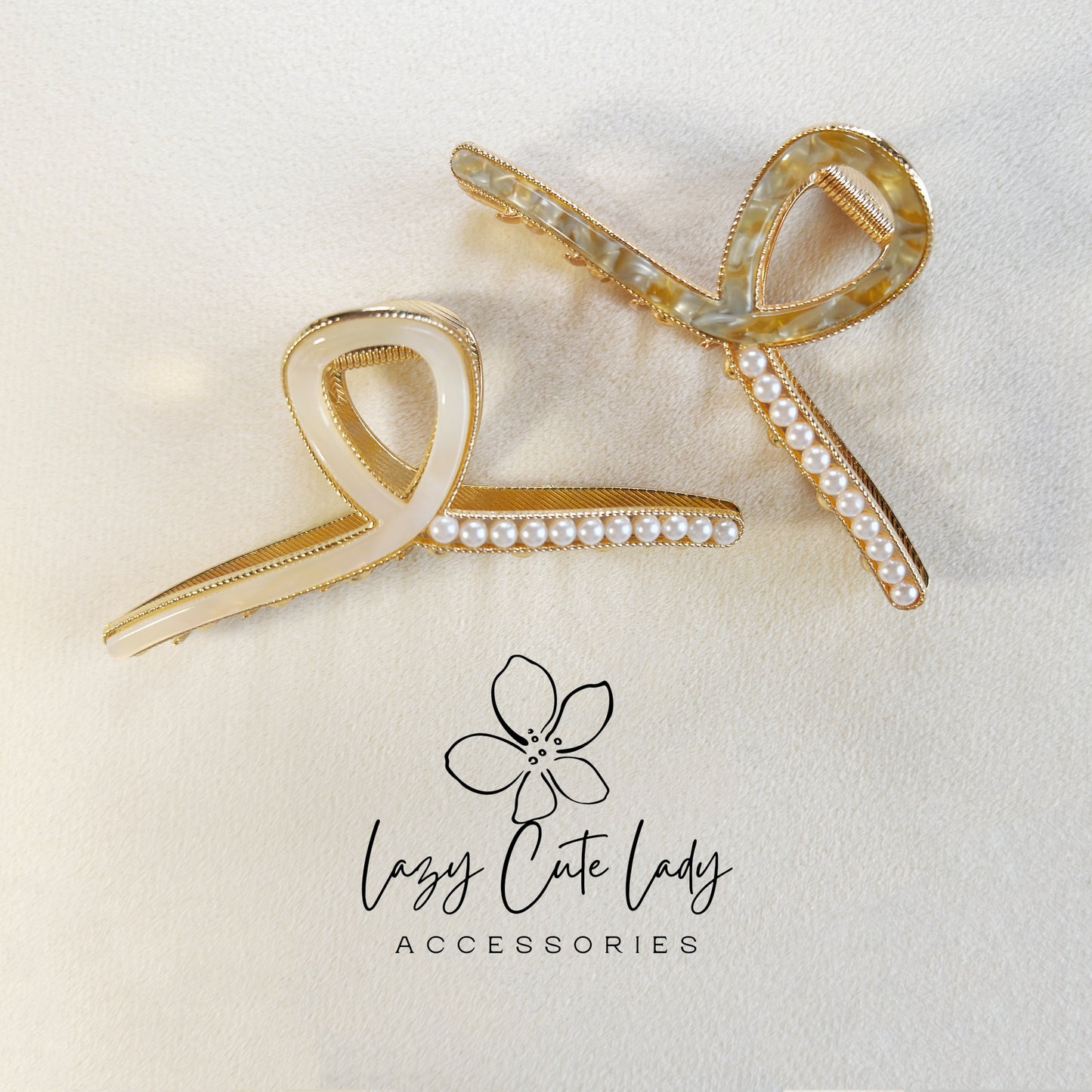 Elegant Pearl-Accent Crossed Ribbon Hair Claw – Eco-Friendly Acetate and Metal Design-pearl accents
