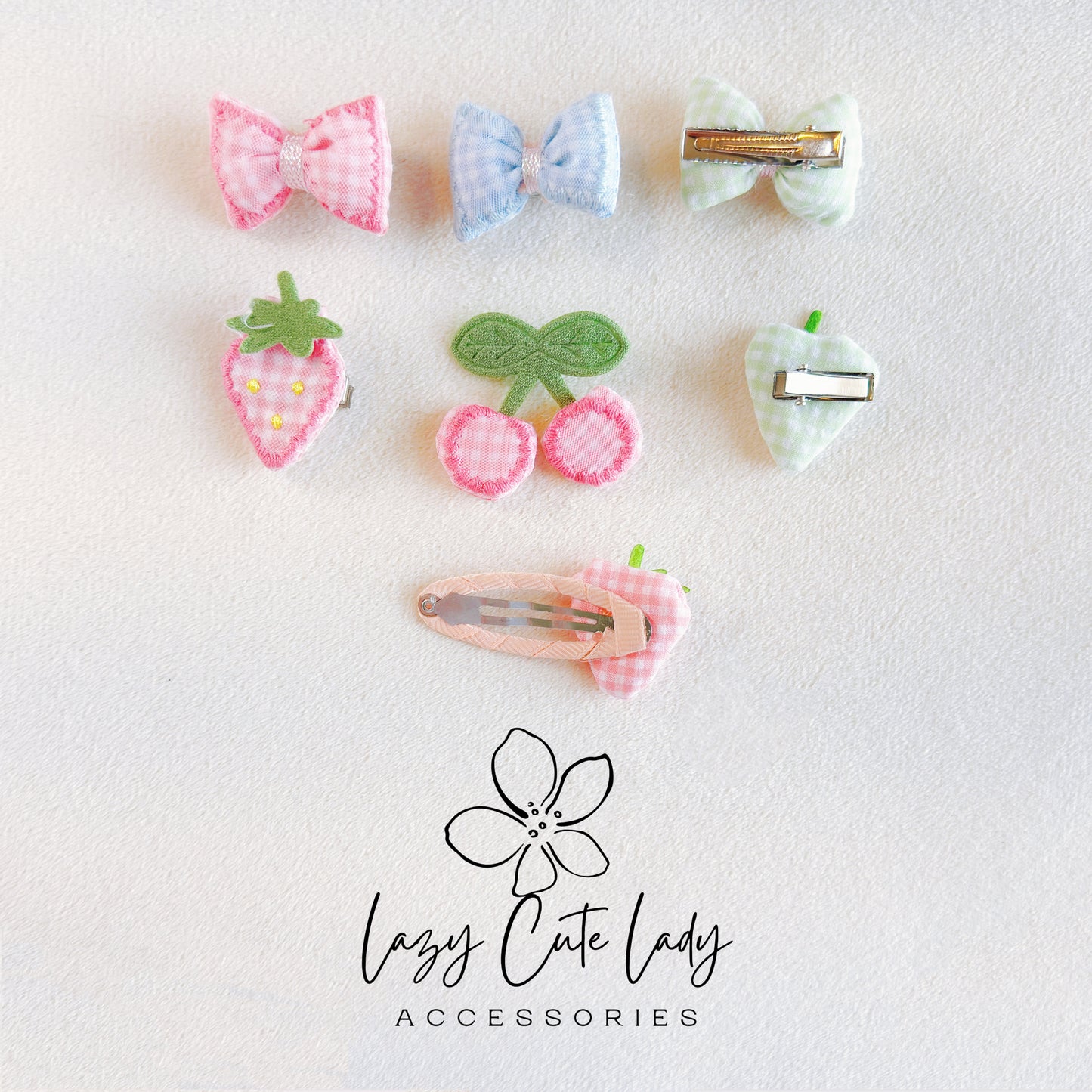 Adorable 1.5-Inch Fabric Bow and Strawberry Hair Clip Set - Pink and Blue Options