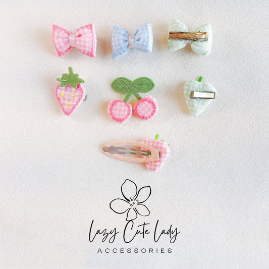 Adorable 1.5-Inch Fabric Bow and Strawberry Hair Clip Set - Pink and Blue Options