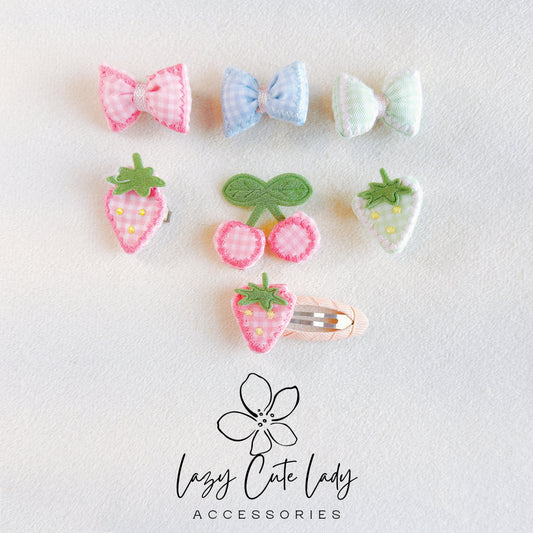 Adorable 1.5-Inch Fabric Bow and Strawberry Hair Clip Set - Pink and Blue Options