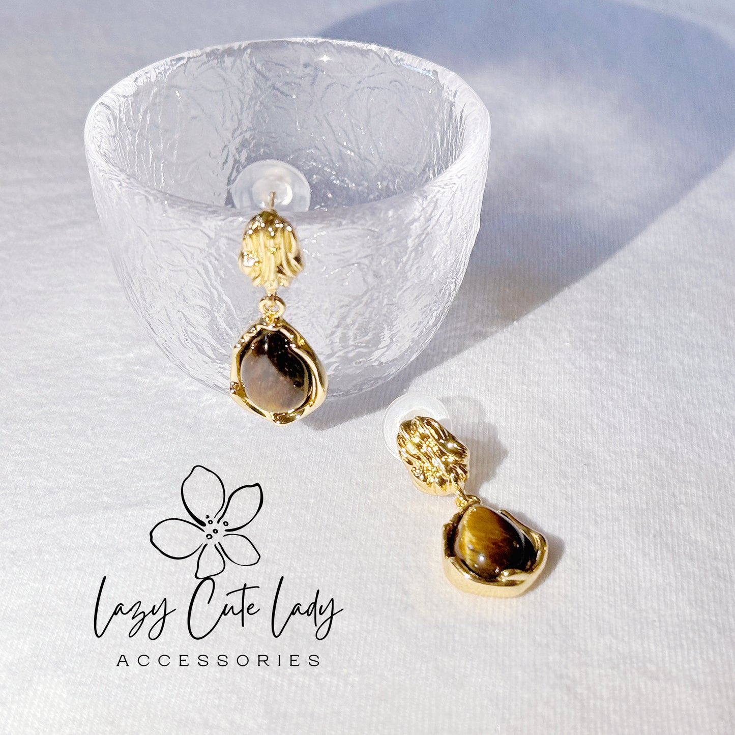 Lazy Cute Lady Accessories-Vintage Elegance: Tiger's Eye Drop Earrings- stone accessory- stone earrings- gift