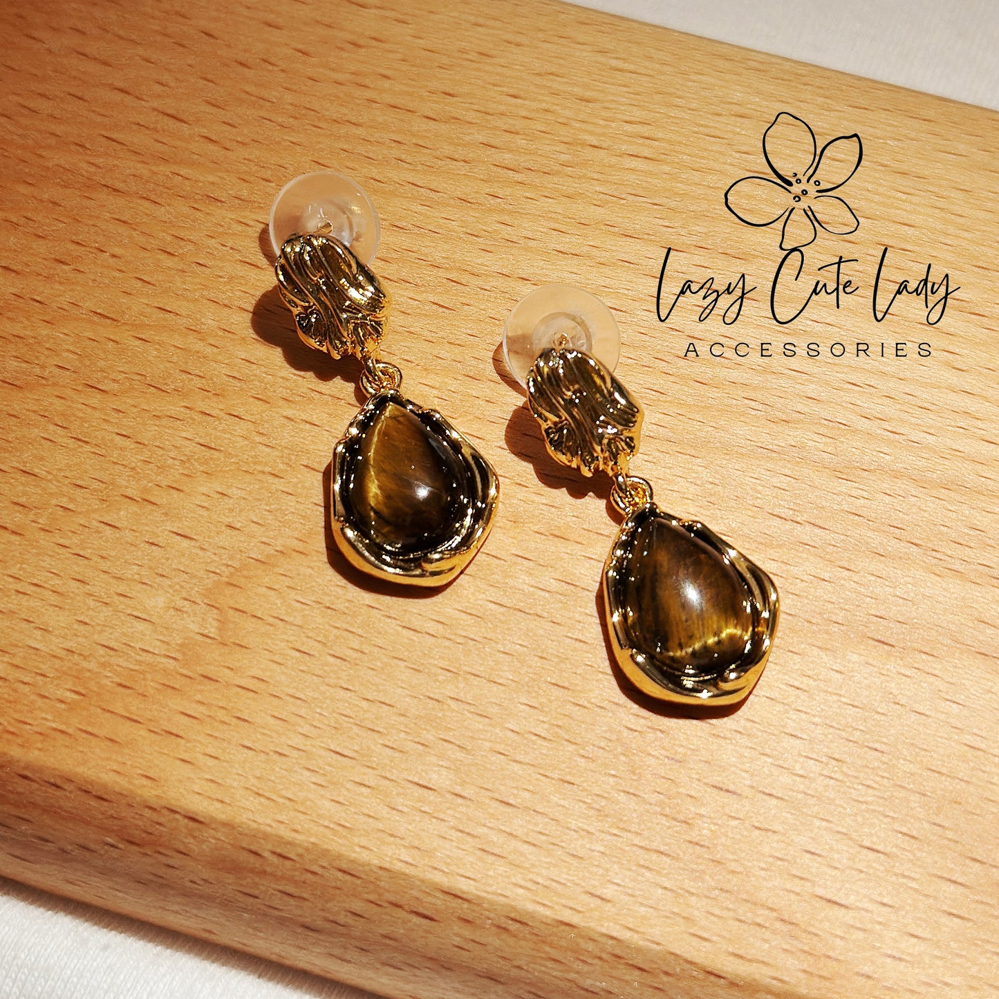 Lazy Cute Lady Accessories-Vintage Elegance: Tiger's Eye Drop Earrings- stone accessory- stone earrings- gift