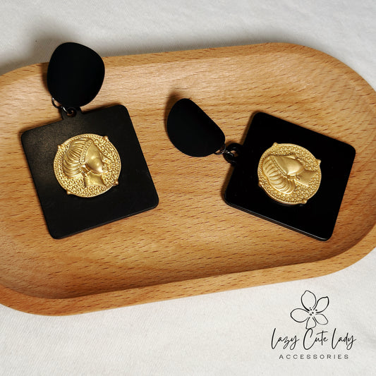 Lazy Cute Lady Accessories-Vintage Chic: Retro Square Earrings with Metal Portraits- Gift - for girl for women