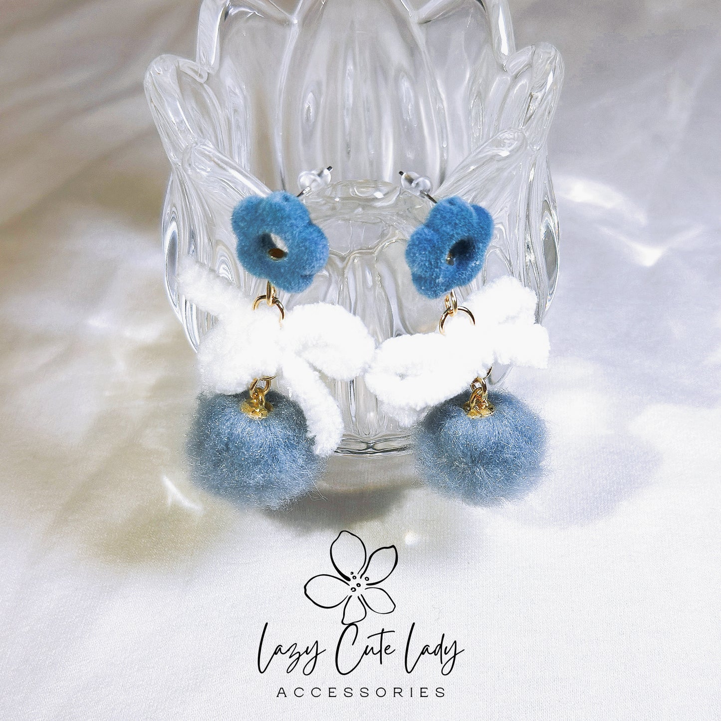 Fresh Breeze: Blue Felt Ball and Flower Bow Earrings
