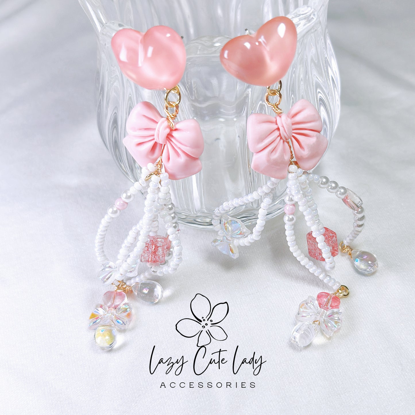 Pink Love Delight: Handcrafted Heart and Bow Earrings with Creative Bead Accents