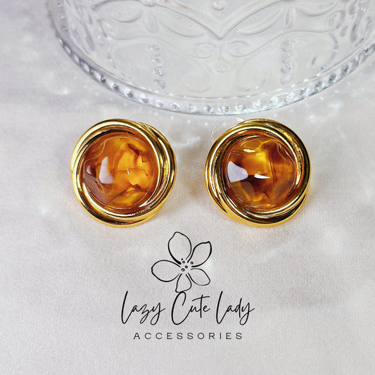 Lazy Cute Lady Accessories-Vintage Elegance: Round Tiger's Eye and Metal Stud Earrings-gemstone earrings- Gift - for girl for women