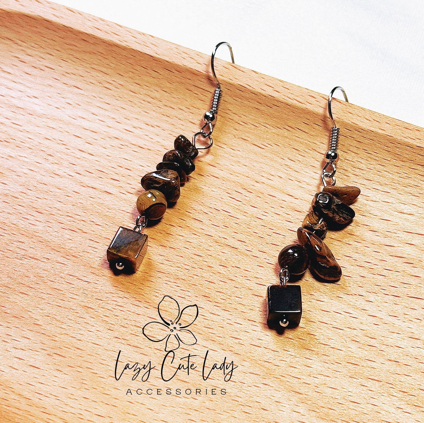 Lazy Cute Lady Accessories-Natural Elegance: Tiger's Eye Cube Drop Earrings-Natural stone jewelry-Metal allergy-friendly earrings Fashion Earrings- Gift - for girl for women
