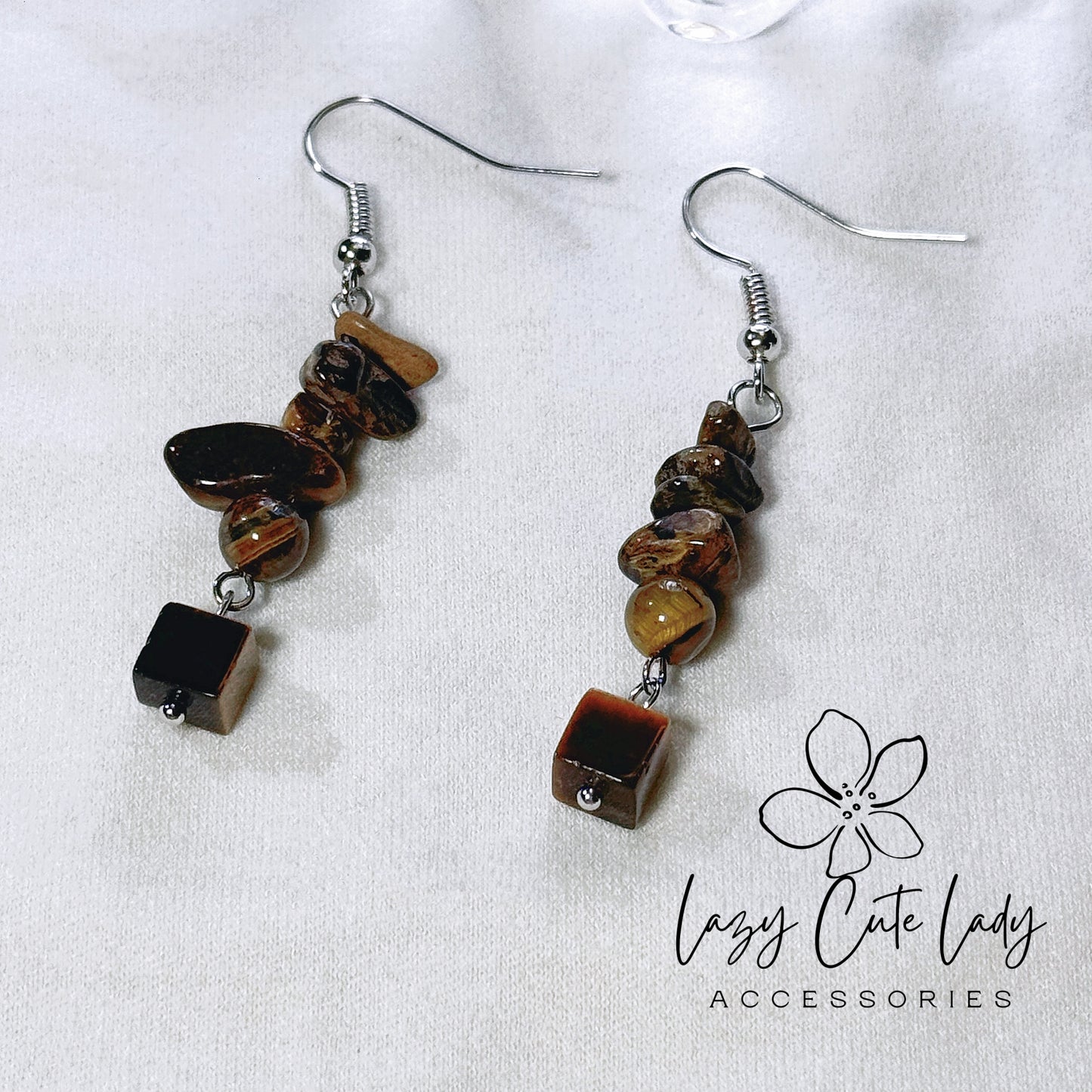 Lazy Cute Lady Accessories-Natural Elegance: Tiger's Eye Cube Drop Earrings-Natural stone jewelry-Metal allergy-friendly earrings Fashion Earrings- Gift - for girl for women
