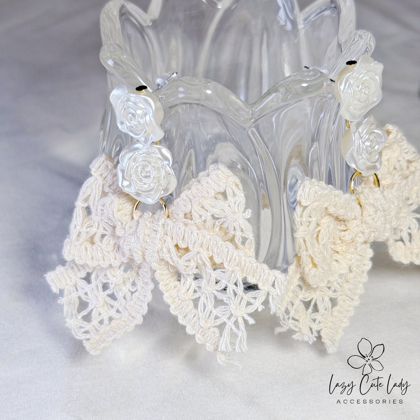 Lazy Cute Lady Accessories-Creamy White Fabric Sweet Butterfly Bow and 3D Creamy Rose Earrings-Drop Earrings-Metal allergy-friendly earrings -Fashion Earrings- Gift - for girl for women