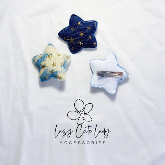 Galaxy Star Hair Clips – Denim and Tie-Dye Fabric Stars with Gold Foil Details