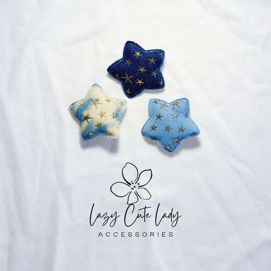 Galaxy Star Hair Clips – Denim and Tie-Dye Fabric Stars with Gold Foil Details