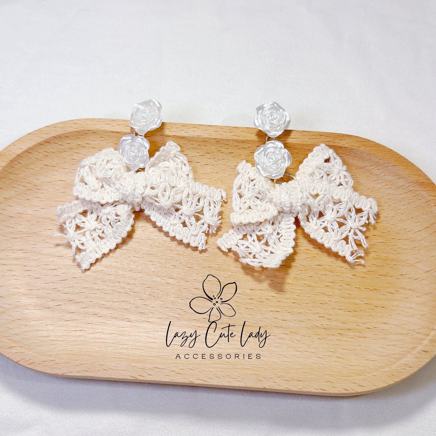 Lazy Cute Lady Accessories-Creamy White Fabric Sweet Butterfly Bow and 3D Creamy Rose Earrings-Drop Earrings-Metal allergy-friendly earrings -Fashion Earrings- Gift - for girl for women