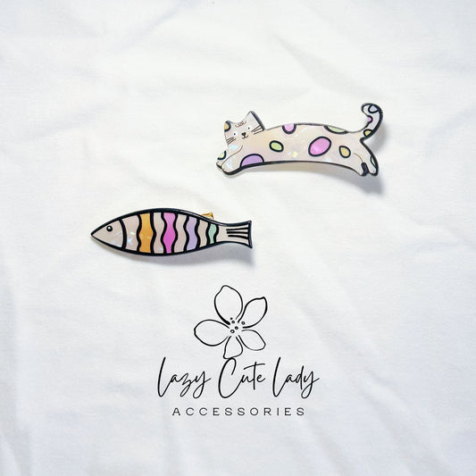 Cat & Fish Acrylic Hair Clips – Lazy Cat  Rainbow Fish Barrettes | 2 Styles- Cute hairClips- Gift for Her