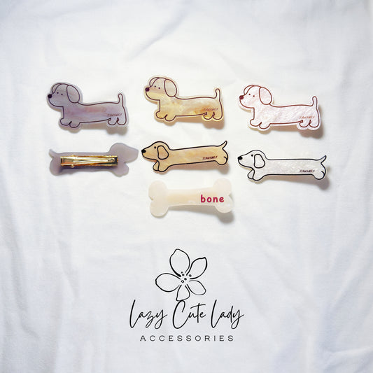 Dachshund Dog Acrylic Hair Clips – Playful Sausage Dog & Bone Barrettes | 7 Styles- Cute Hair Clips- Gift For Her- Puppy HairClips