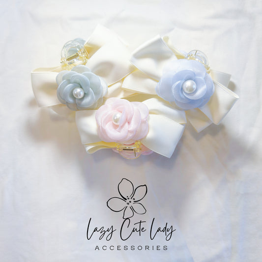 Elegant Floral Bow Hair Claw – Satin Ribbon with Pearl-Centered Camellia | Pastel Rose Hair Clip for Girls & Women