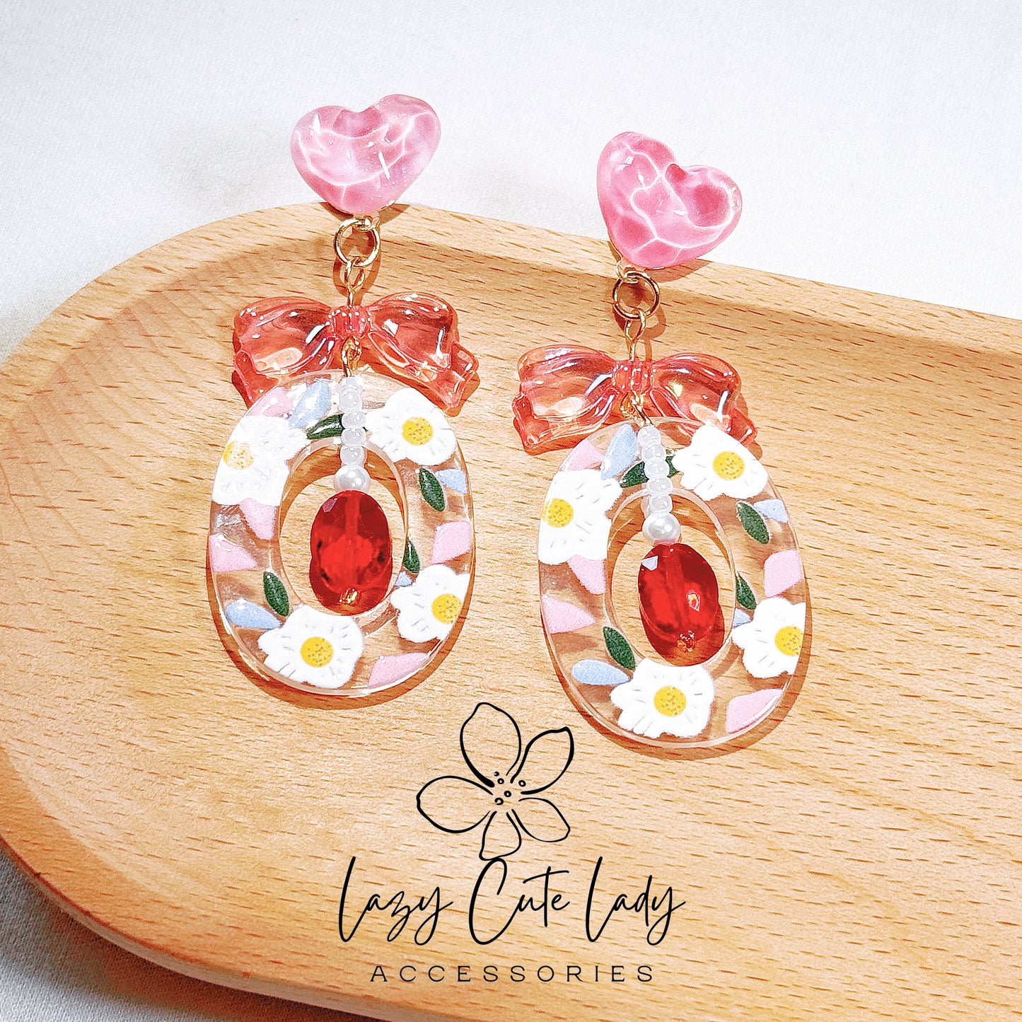 Elegant Floral Wreath Earrings with Pink Hearts and Bows