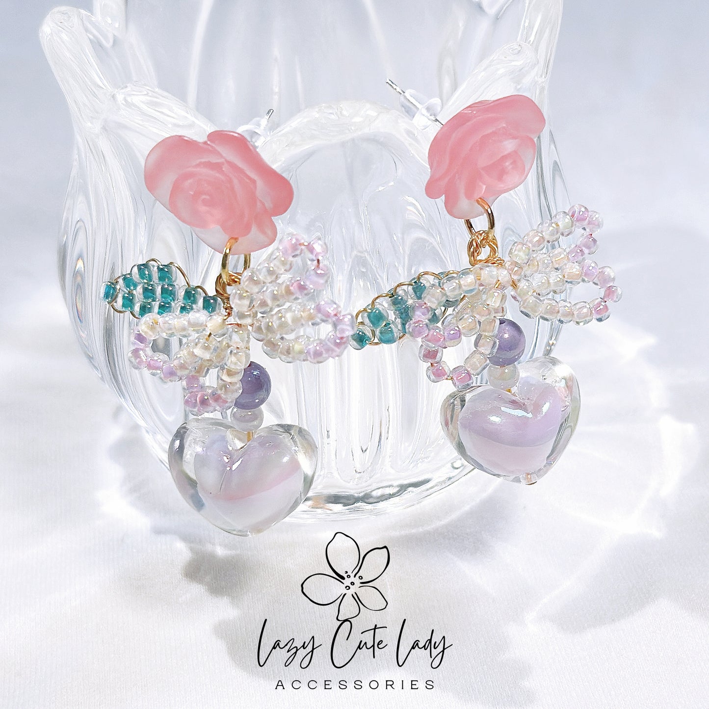 Elegant Matte Rose and Bead Butterfly Bow Earrings with Pink