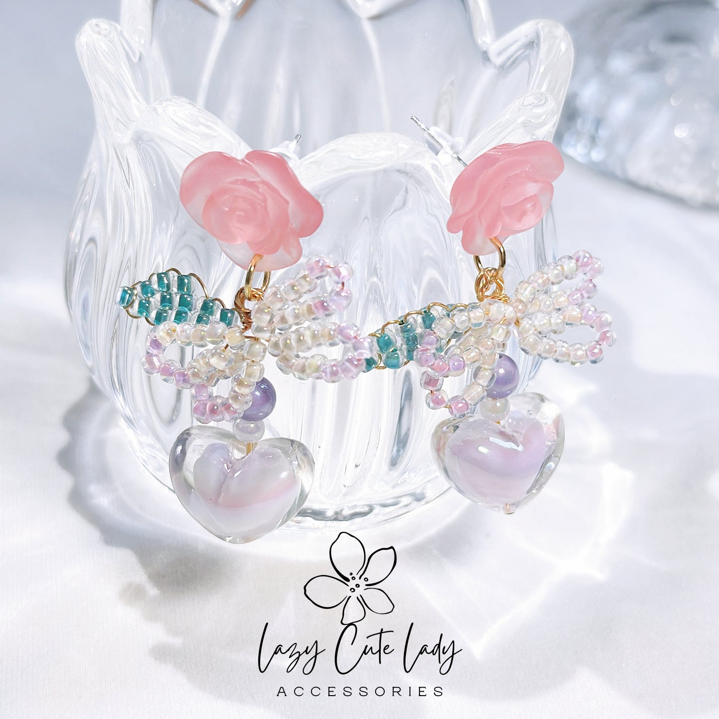 Elegant Matte Rose and Bead Butterfly Bow Earrings with Pink