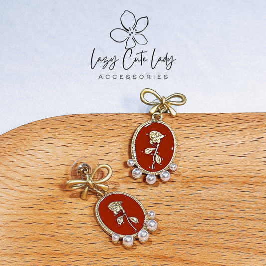 Lazy Cute Lady Accessories-Vintage Gold Bow and Oil Painting Red Rose Earrings-Metal allergy-friendly earring-Fashion Earring-Gift-for girl for women