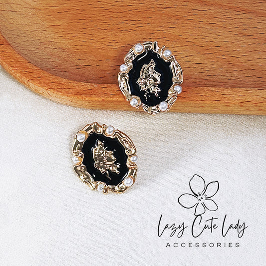 Lazy Cute Lady Accessories-Vintage Gold and Black Oil Painting Portrait Earrings-Fashion Earring- Fashion Accessories-Gift-for girl for women