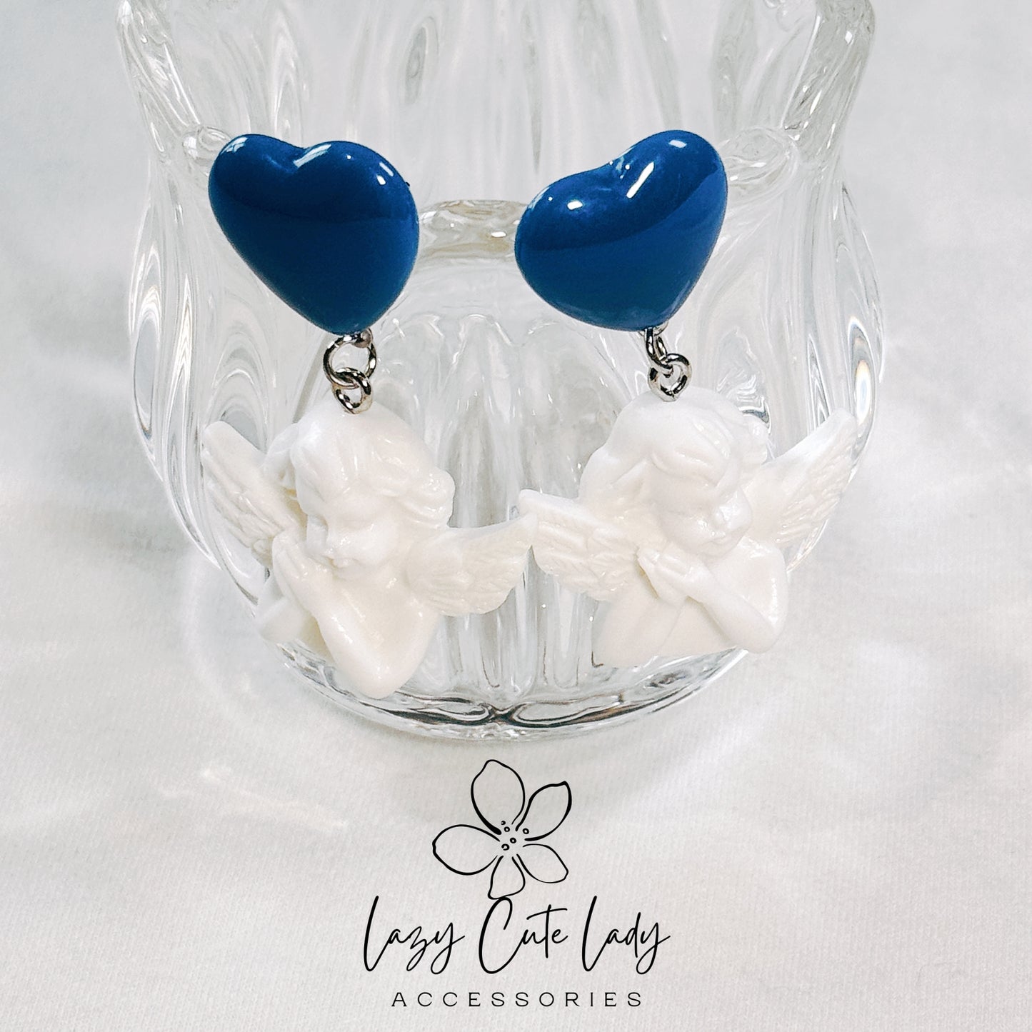 Exquisite Navy Blue Heart and White Angel Earrings