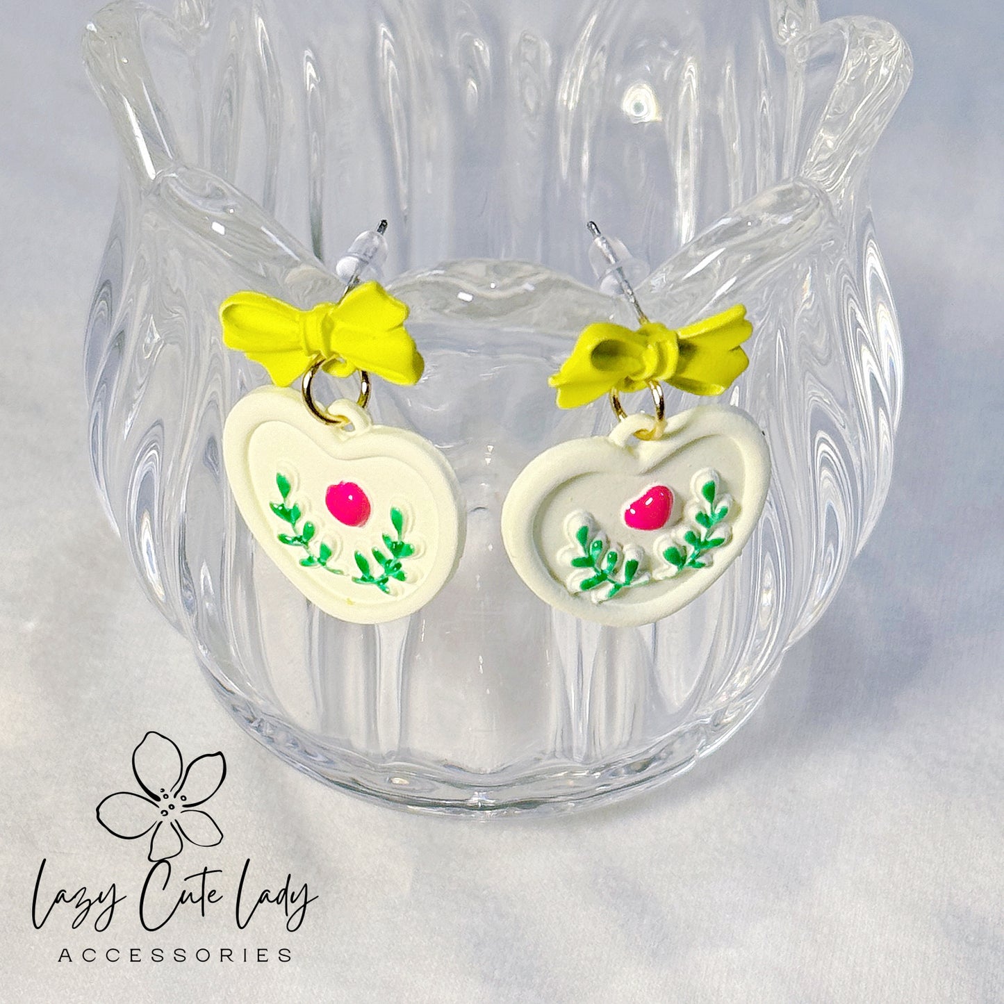 Adorable Bow and Flower-themed Earrings in White Tulip and Yellow Leaf Variants