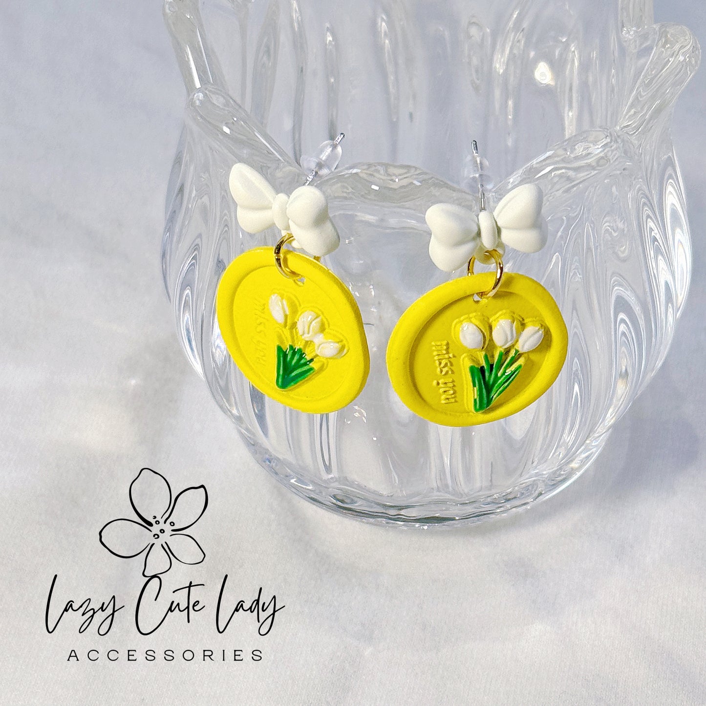 Adorable Bow and Flower-themed Earrings in White Tulip and Yellow Leaf Variants