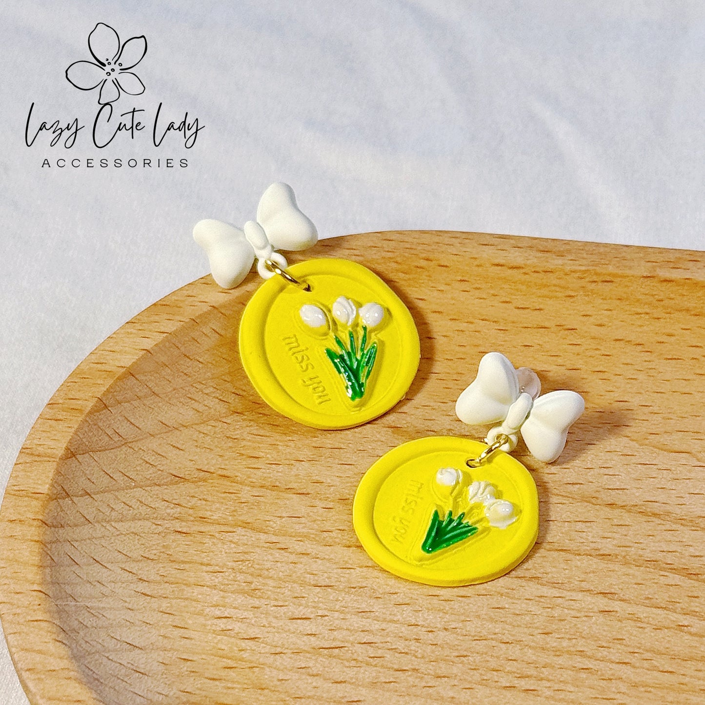 Adorable Bow and Flower-themed Earrings in White Tulip and Yellow Leaf Variants