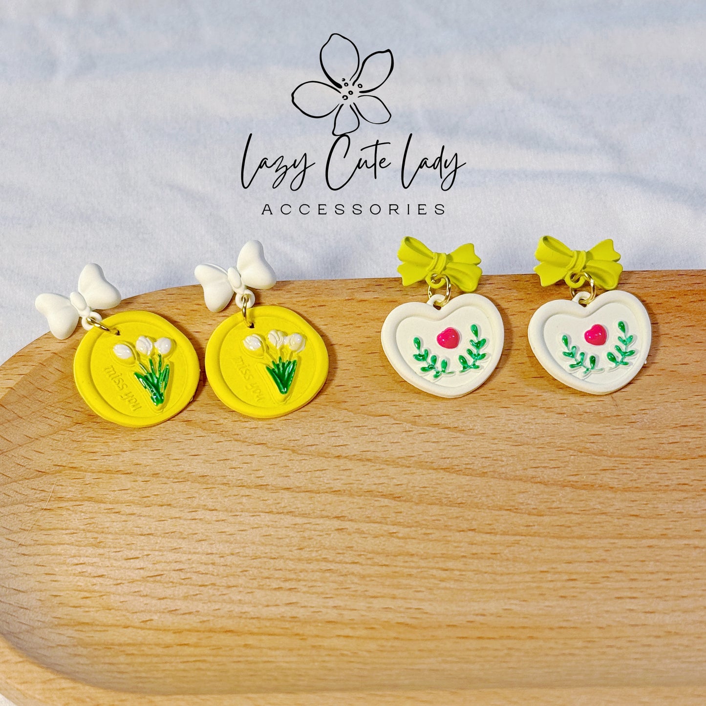 Adorable Bow and Flower-themed Earrings in White Tulip and Yellow Leaf Variants