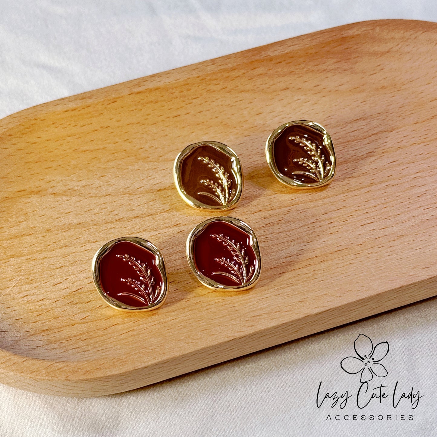Vintage Wheat-themed Earrings in Gold, Available in Brown and Deep Red Variants