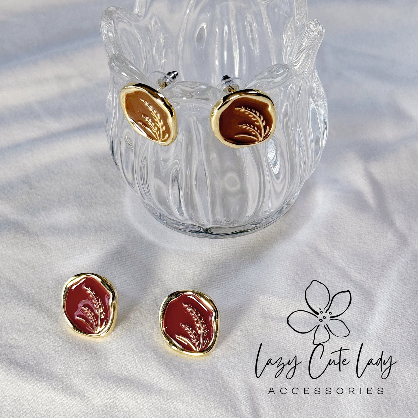 Vintage Wheat-themed Earrings in Gold, Available in Brown and Deep Red Variants