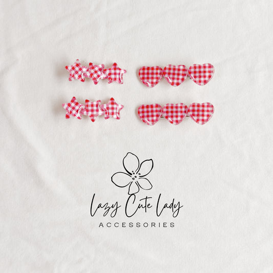 Red Gingham Star & Heart Hair Clips – Cute Retro Checkered Barrettes for Girls and Women-Gift-Y2K