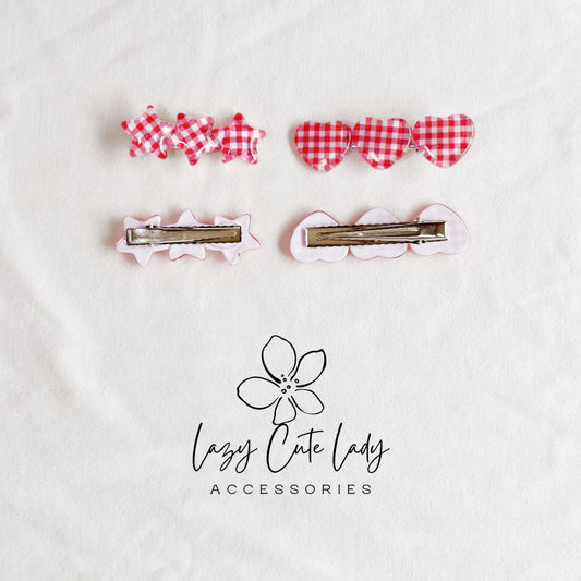 Red Gingham Star & Heart Hair Clips – Cute Retro Checkered Barrettes for Girls and Women-Gift-Y2K