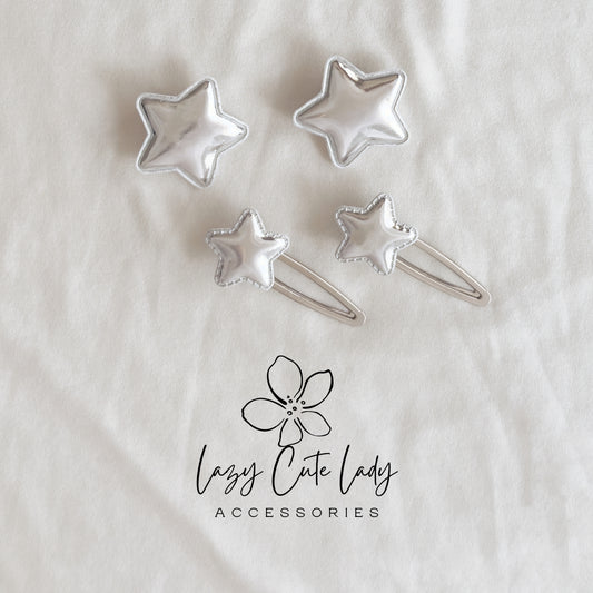 Silver Star Hair Clips – Metallic Puff Star Barrettes for Kids & All Ages