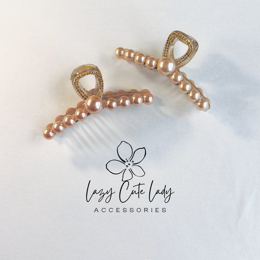 Elegant Pearl Hair Claw – Gold Rhinestone Handle Claw Clip (2 Pearl Colors)