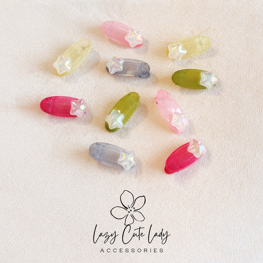 Mini Star Snap Hair Clips – Jelly Pastel Barrettes with Pearl Star (Set Options Available)