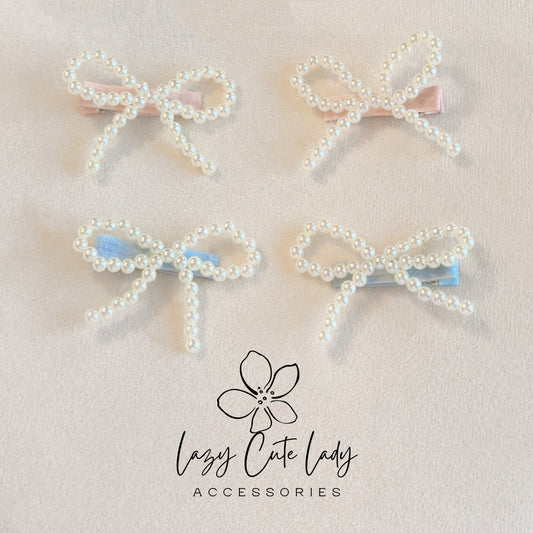 Velvet Pearl Bow Hair Clip – Coquette Style Barrette in Pink or Blue-Gift for her