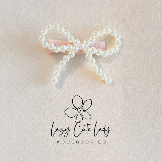 Velvet Pearl Bow Hair Clip – Coquette Style Barrette in Pink or Blue-Gift for her