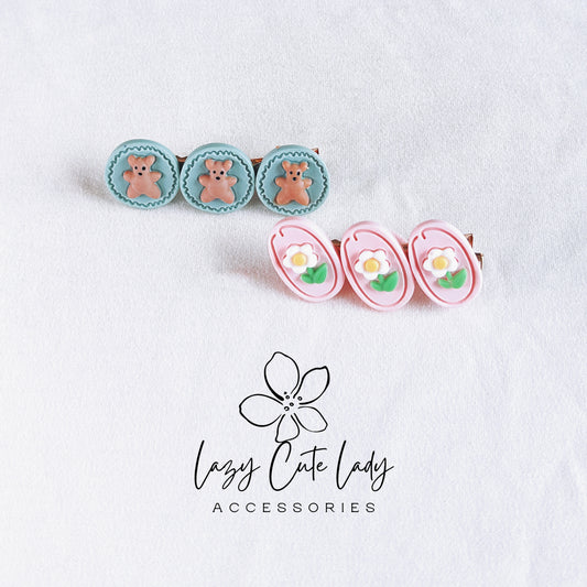 Pink Flower and Blue Bear Hair Clips Set (2.25 Inches) - Cute Hair Accessory hair clips for