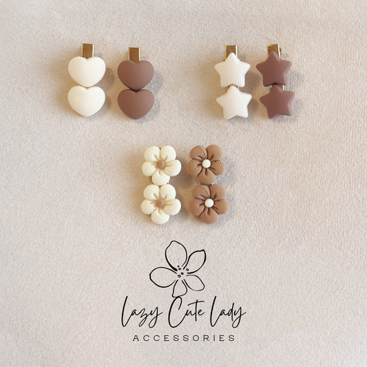 Matte Heart, Star & Flower Hair Clips – Set of 2 (Neutral Clay Colors)